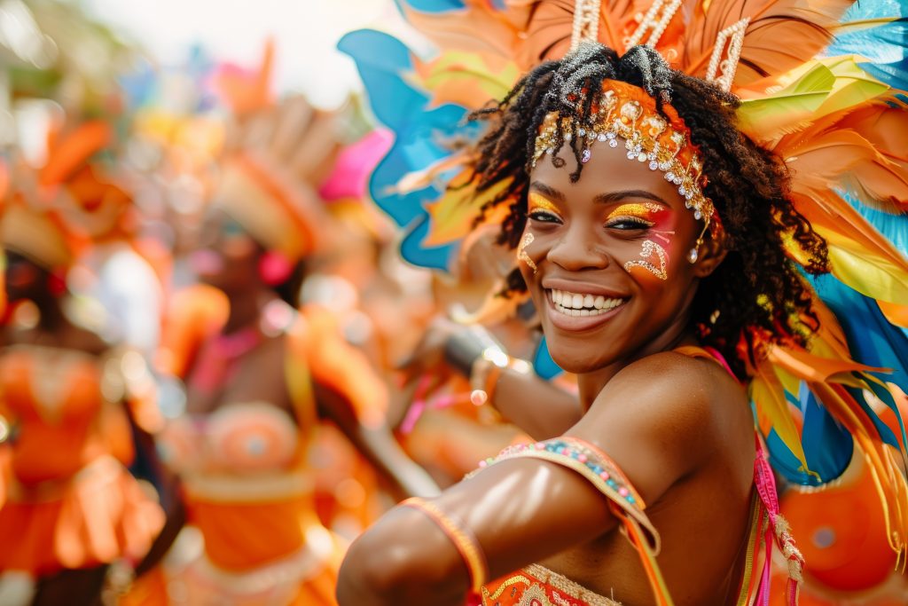 A lively Caribbean carnival parade, with dancers in elaborate costumes moving to the infectious rhythms of soca and calypso music. Concept of cultural festivity and jubilation. Generative Ai.